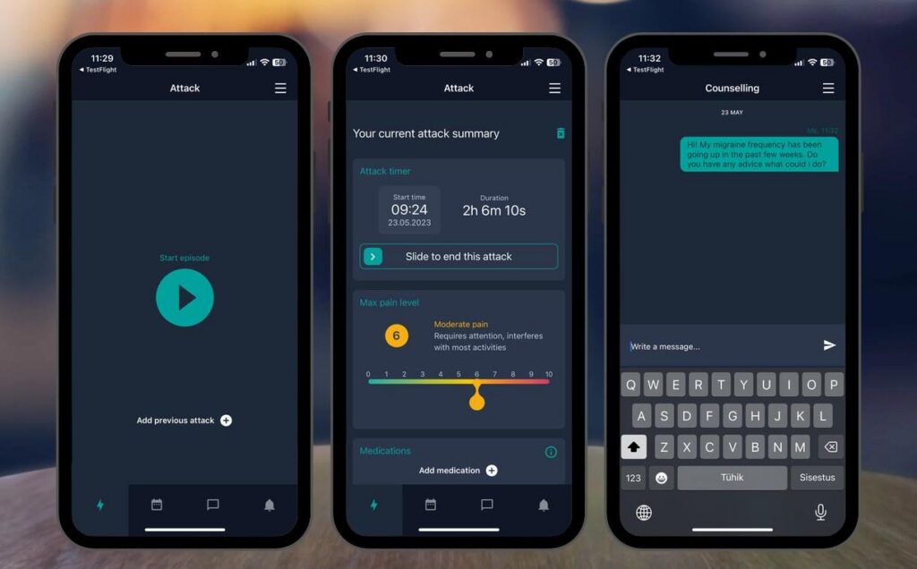 Three screens of the Migrevention headache diary app: starting an attack, an attack summary and a chat with the nurse